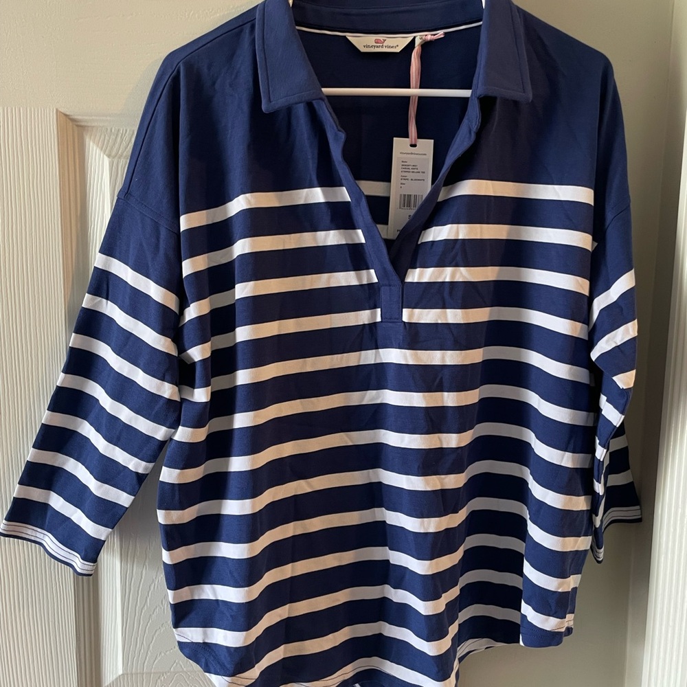 NWT Small- Vineyard Vines Womens Navy and White Striped 3/4 sleeve Rugby Polo